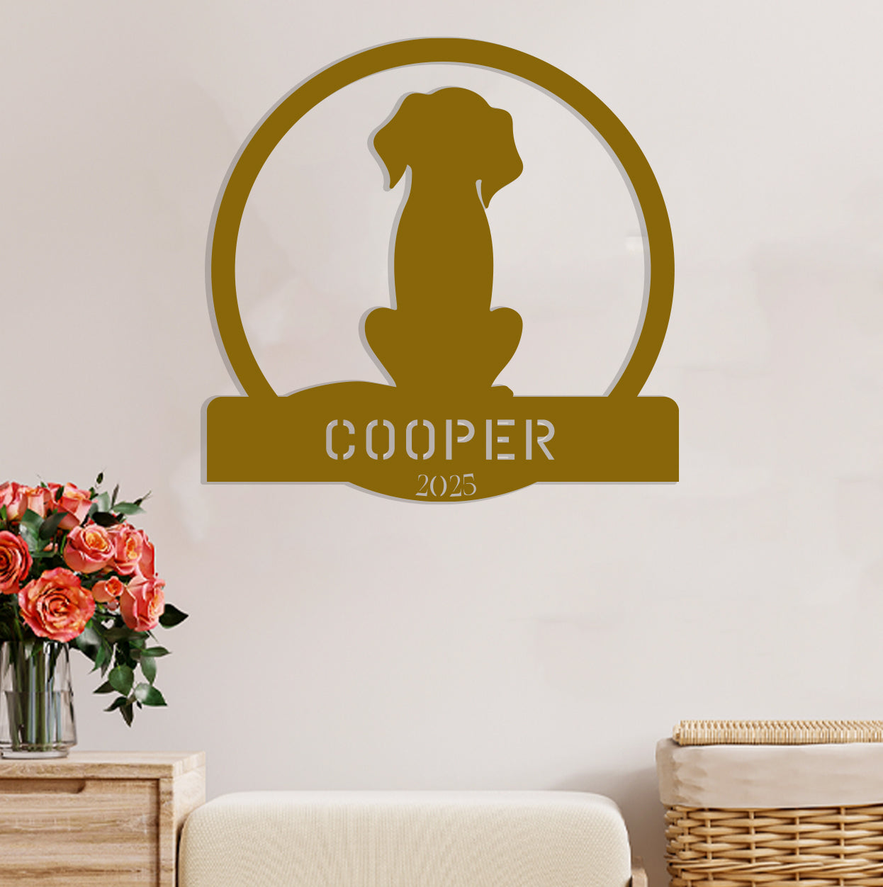 a dog is sitting in a circle with the name cooper on it