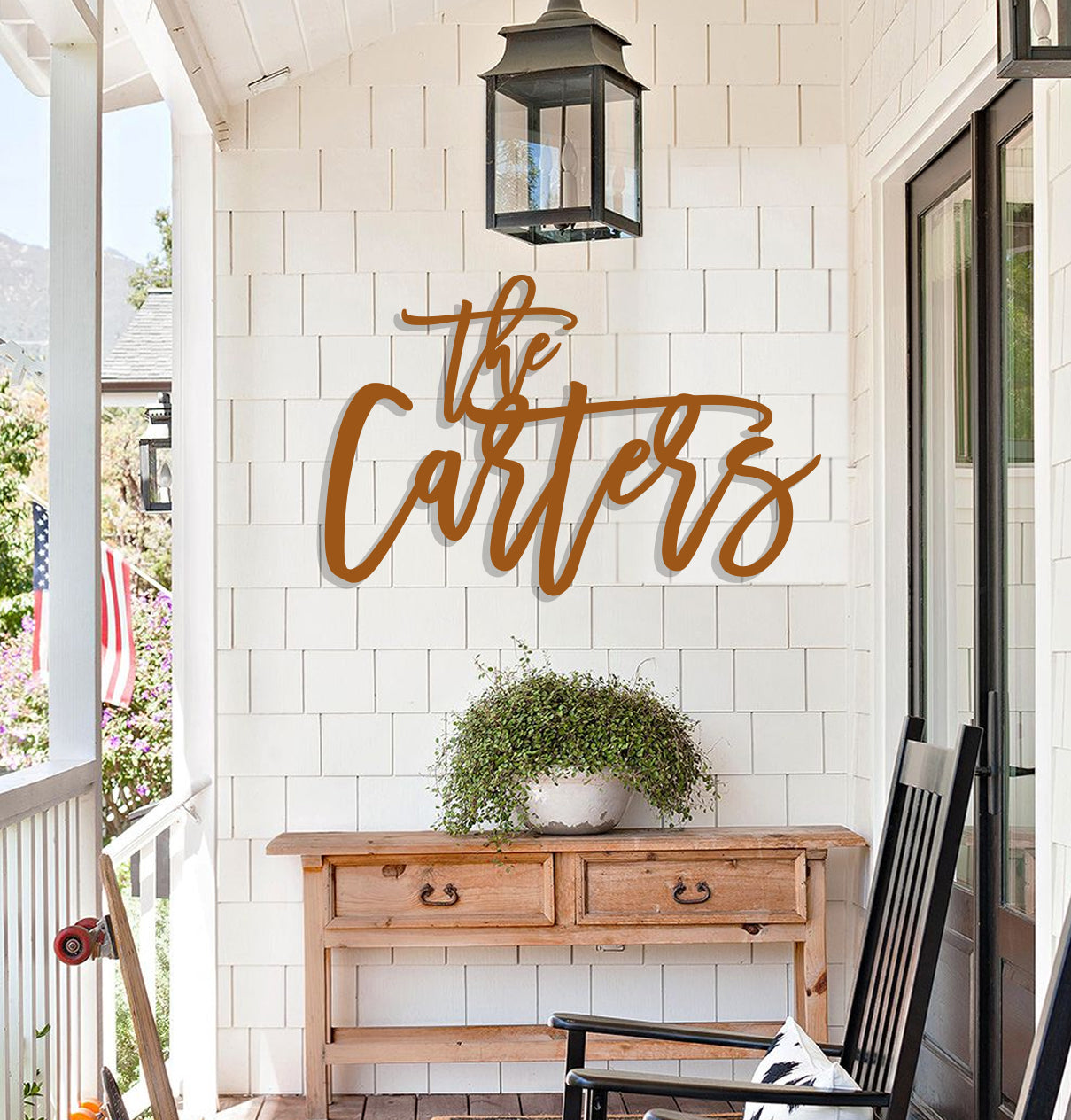 a porch with a chair and a table on it