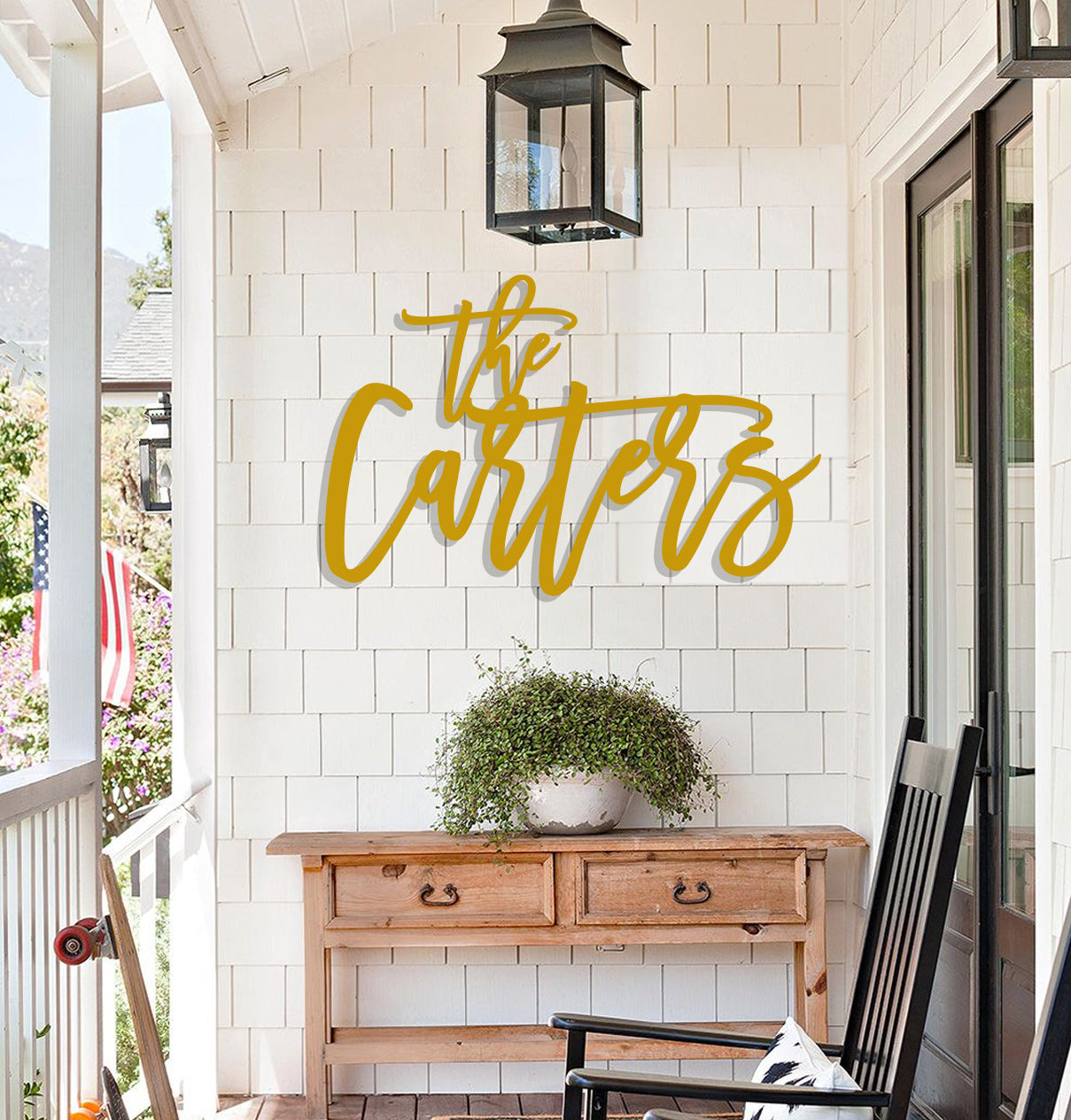a wooden bench sitting on top of a porch