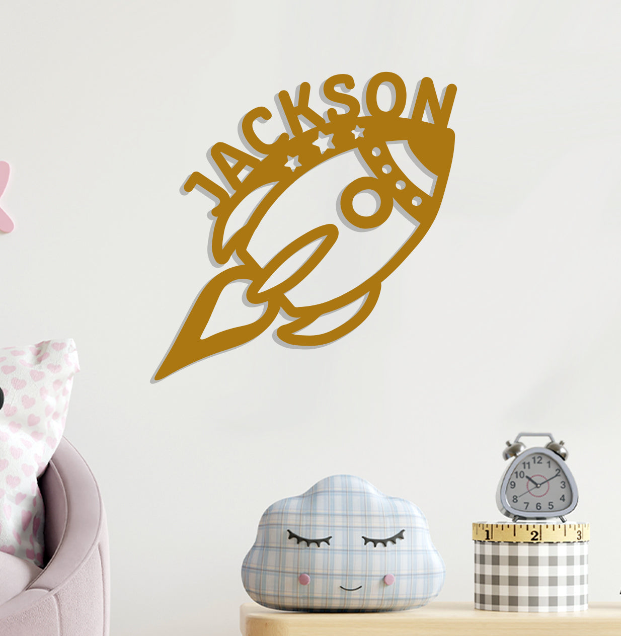 a room with a clock and some toys