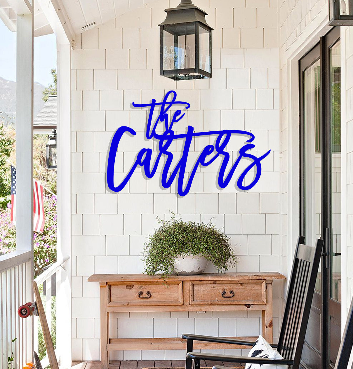 a wooden bench sitting on top of a porch
