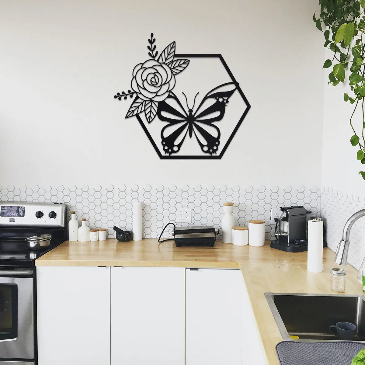 Butterfly in Hexagon with Rose Sign