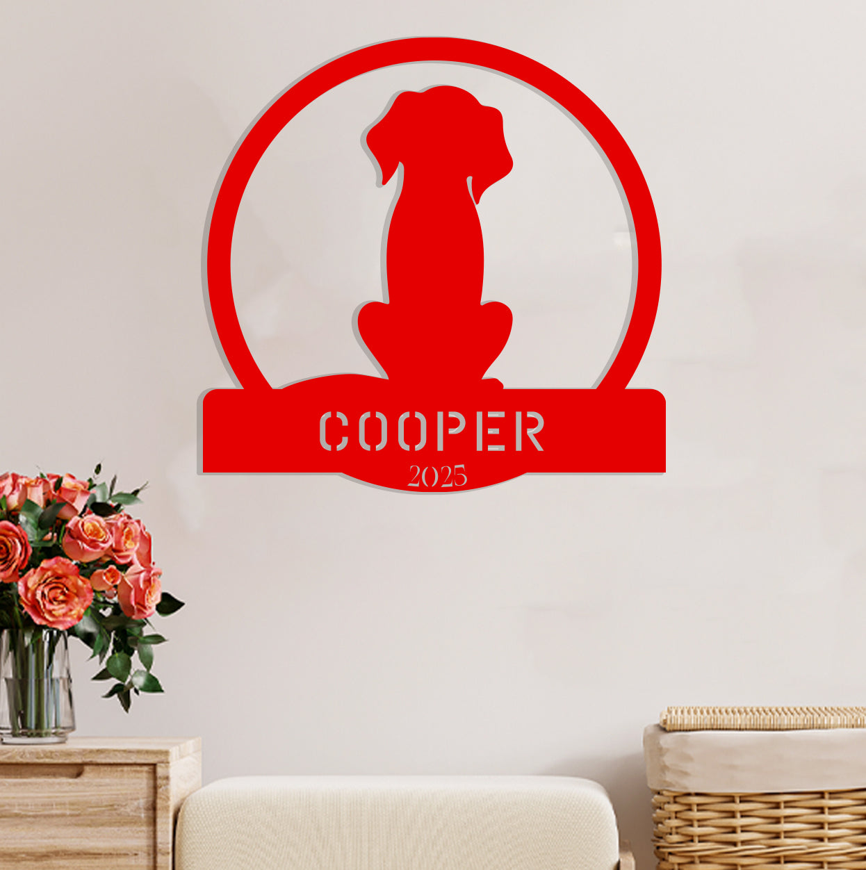 a dog is sitting on a sign that says cooper
