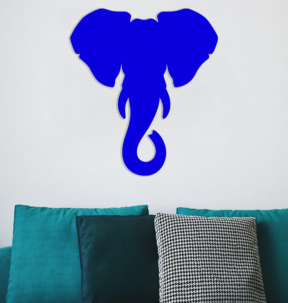 a blue elephant wall decal on a white wall