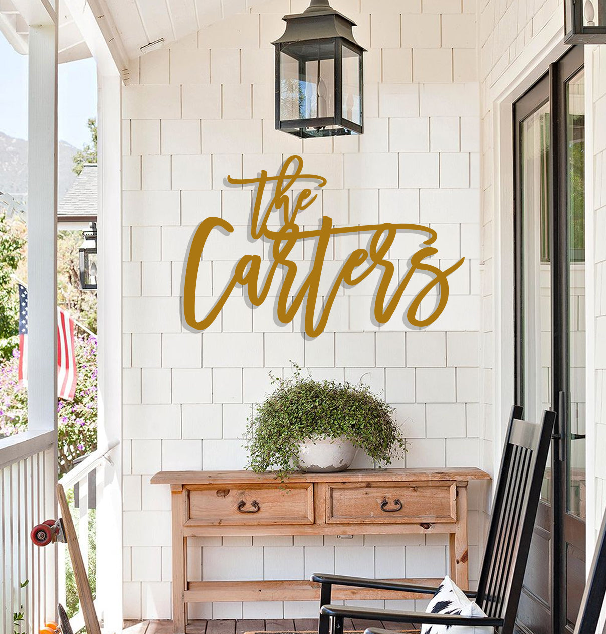 a wooden bench sitting on top of a porch