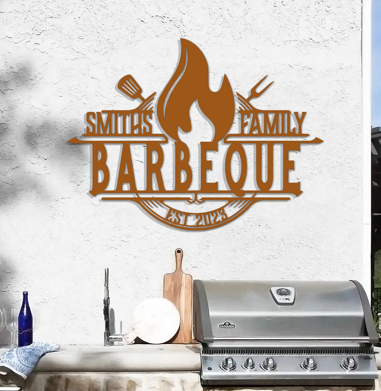 a bbq sign on the side of a building