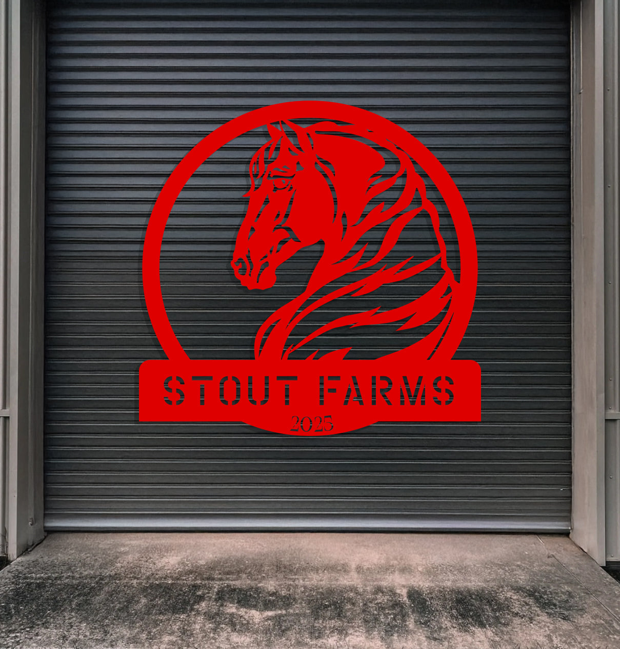 a red sign that says stout farms with a horse on it