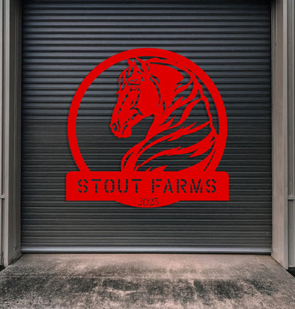 a red sign that says stout farms with a horse on it