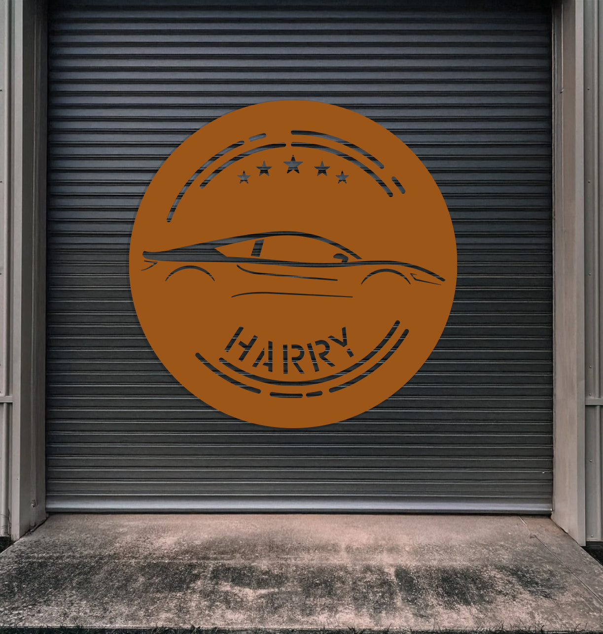 a garage door that has a car on it