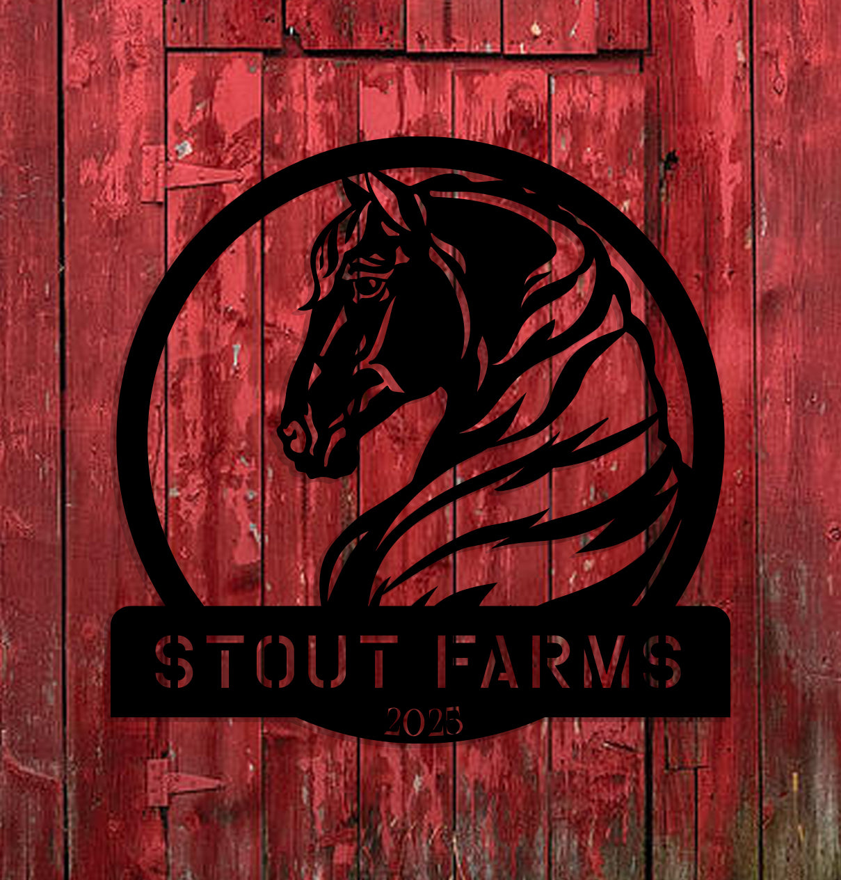 a picture of a horse on a barn door