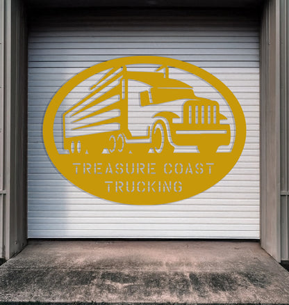 a yellow truck logo on the side of a garage door