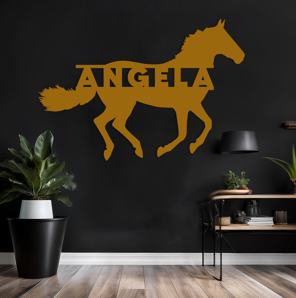 a black wall with a yellow horse on it