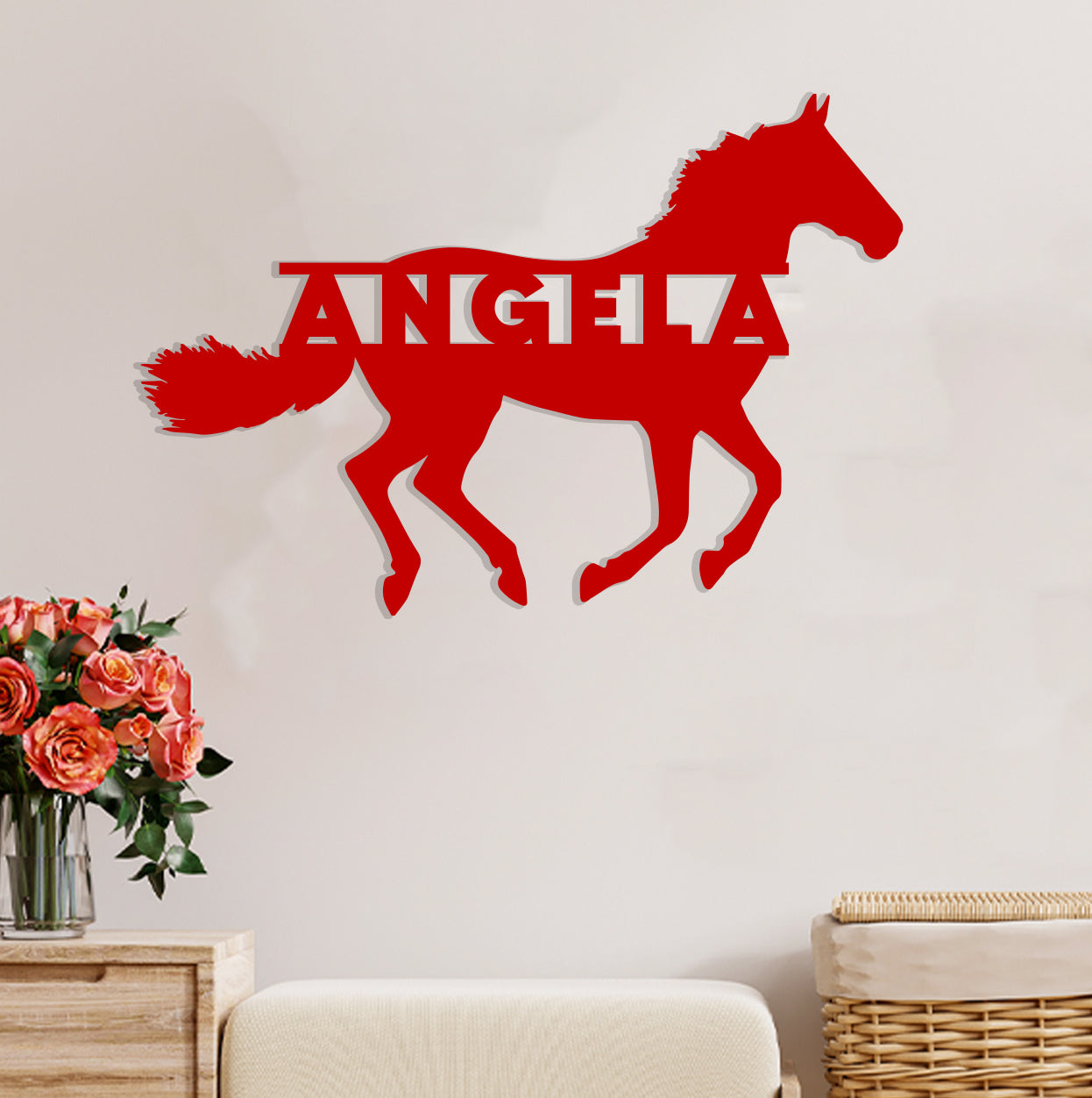 a red horse is on the wall of a room