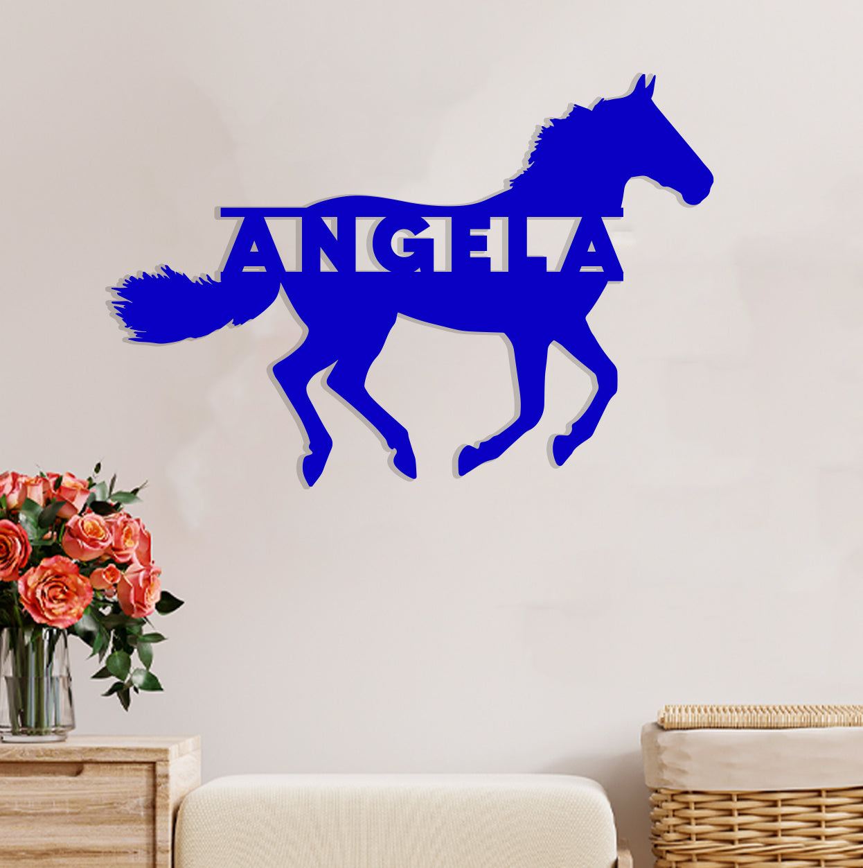 a blue horse decal on the wall of a room