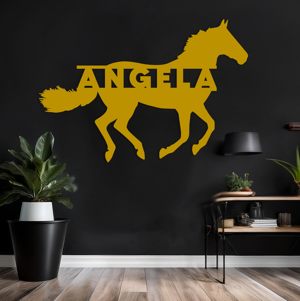 a black wall with a yellow horse on it