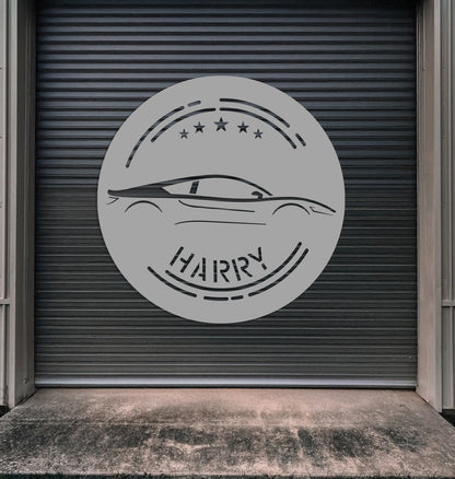 a garage door with a sticker of a car