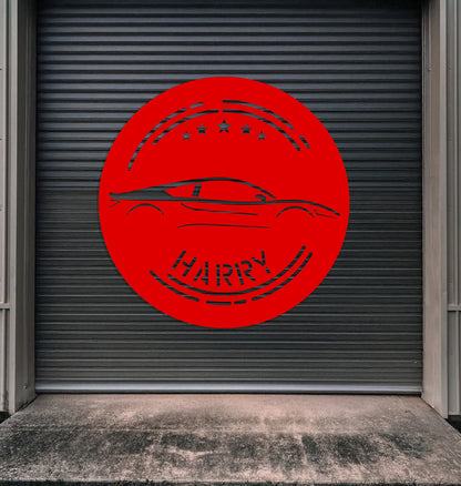a garage door with a red circular sticker on it