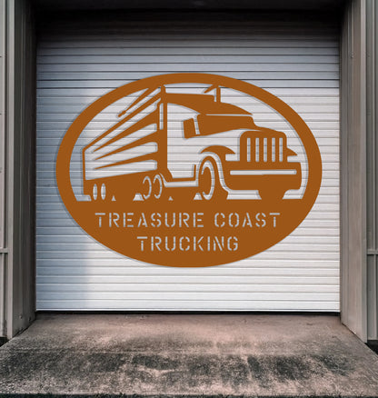 a sign on the side of a building that says, treasures coast trucking