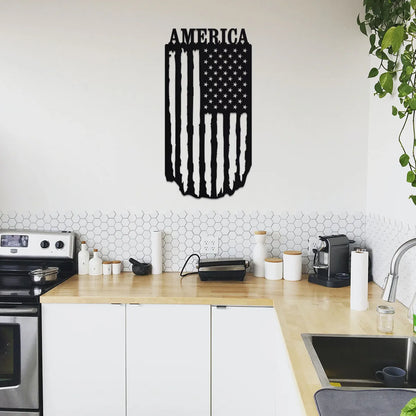 Hanging Ragged American Flag with word AMERICA