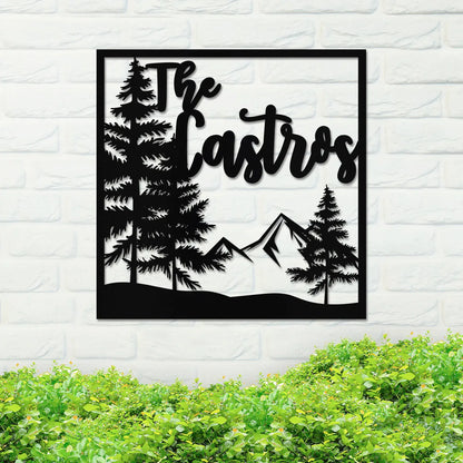 Square Mountain and Trees Family Name Sign