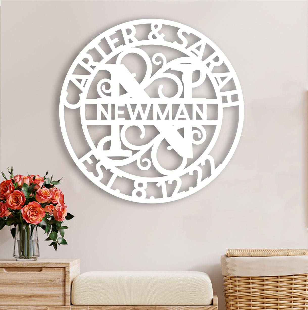 Vined Wedding Anniversary Split Monogram Sign w Names and Date