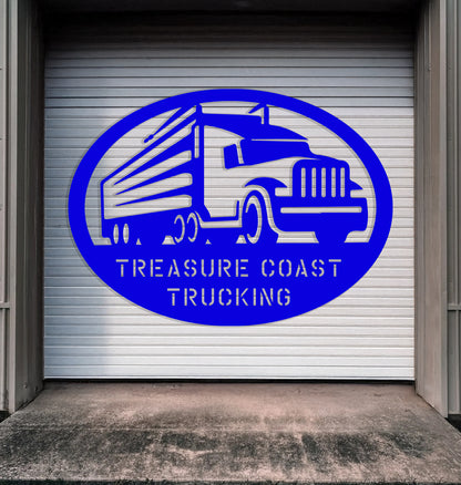 a blue sign that says treasures coast trucking