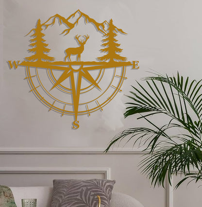 a living room with a plant and a compass on the wall