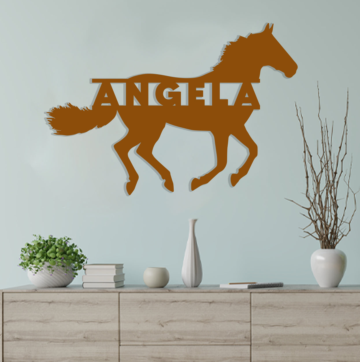 a wall mounted clock with a horse on it