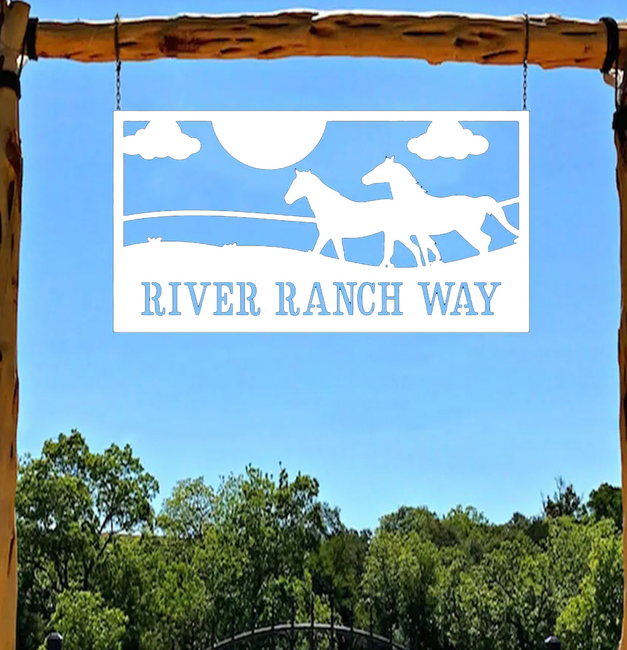 a sign that says river ranch way hanging from a wooden frame