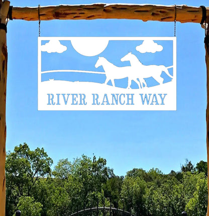 a sign that says river ranch way hanging from a wooden frame