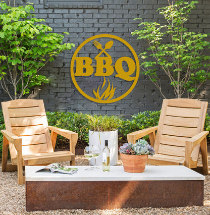 a couple of chairs sitting in front of a bbq sign