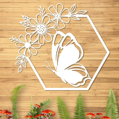 Butterfly in Hexagon with Daisies Sign