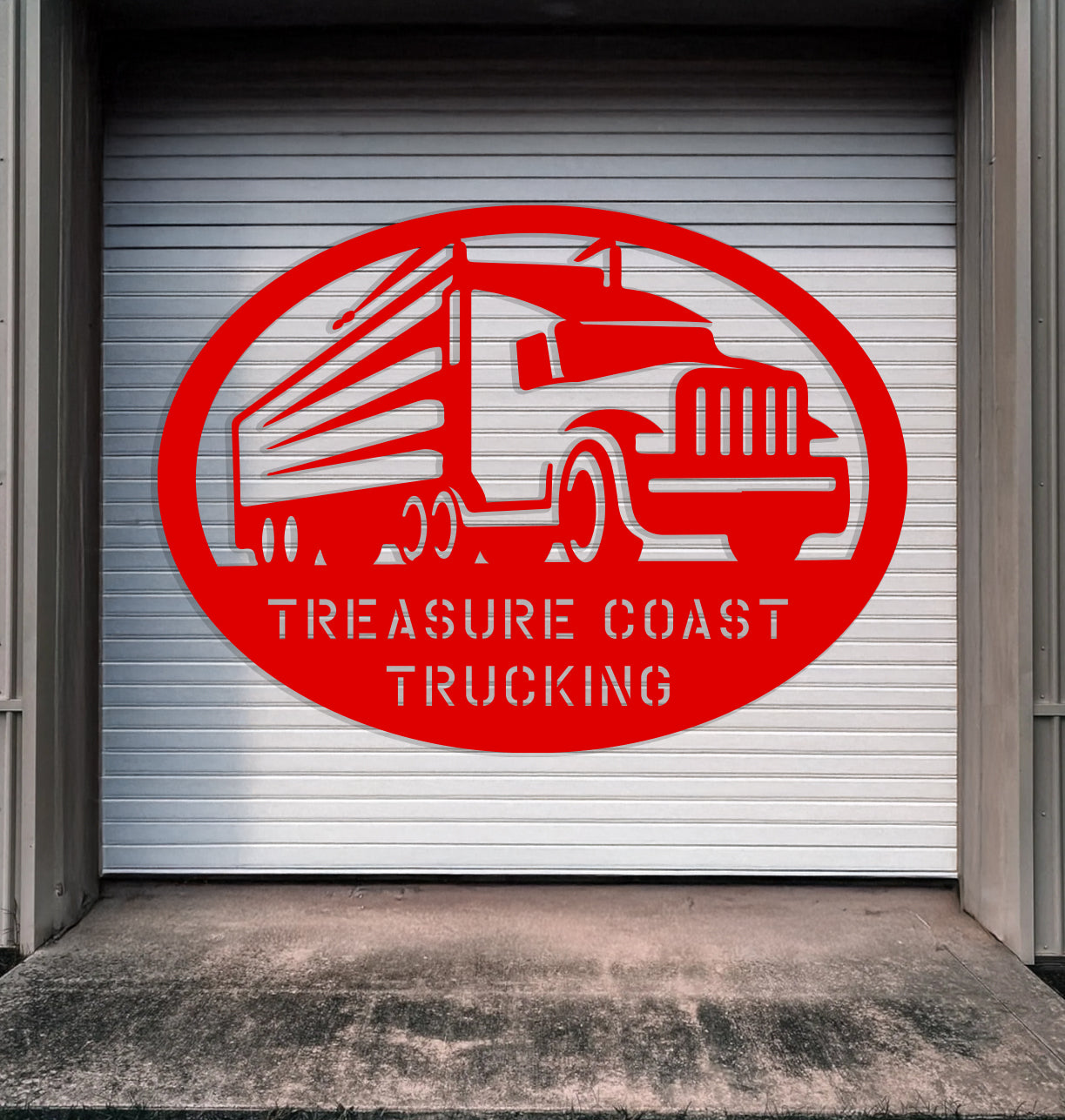 a red sign that says, treasures coast trucking