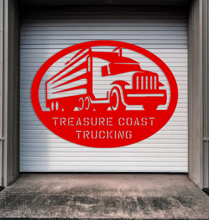 a red sign that says, treasures coast trucking