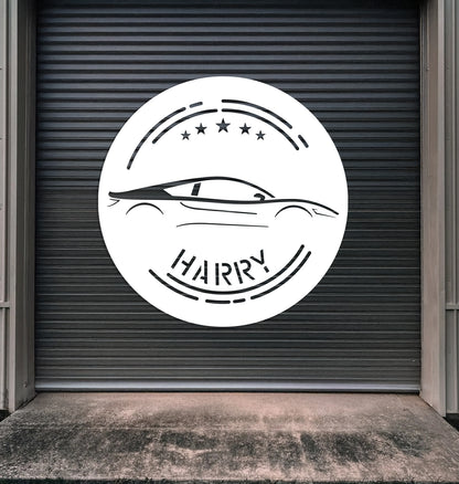 a garage door with a sticker of a car
