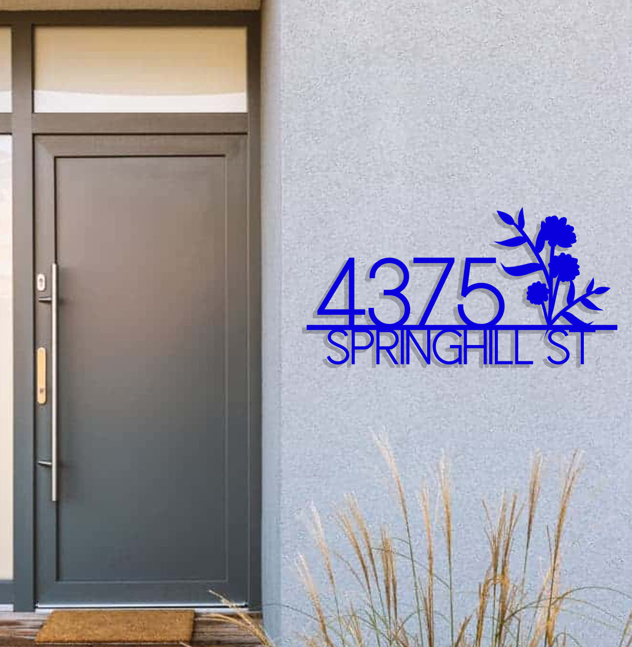 a blue sign that reads 4375 springhill st in front of a door