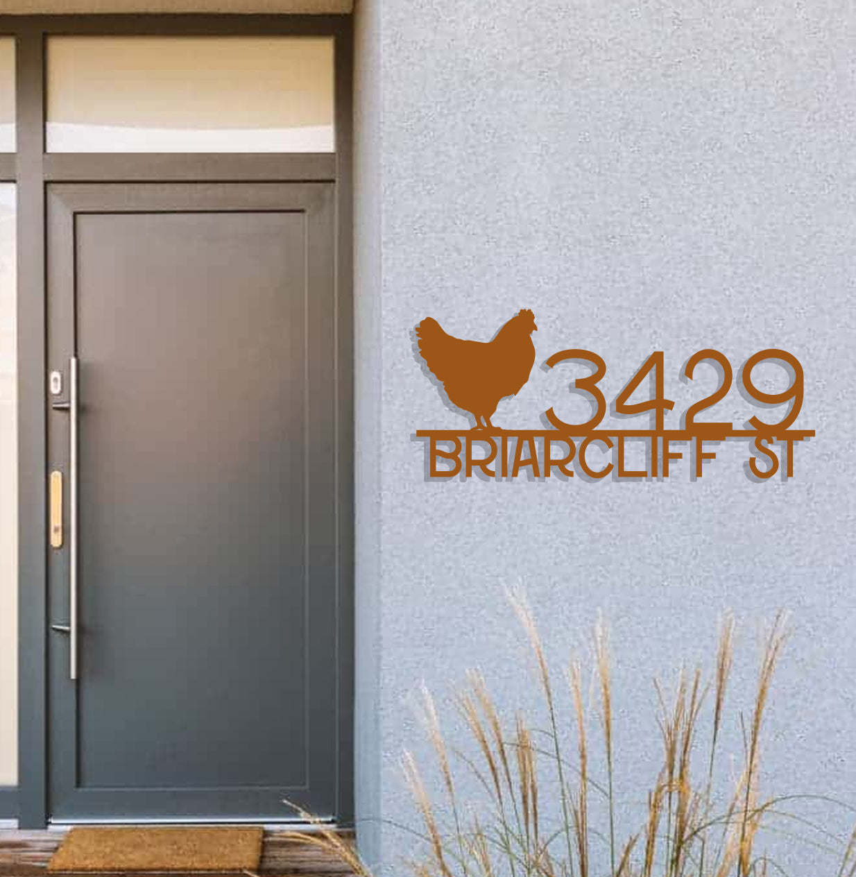 a door with a chicken on it and a sign that says 3241 brac