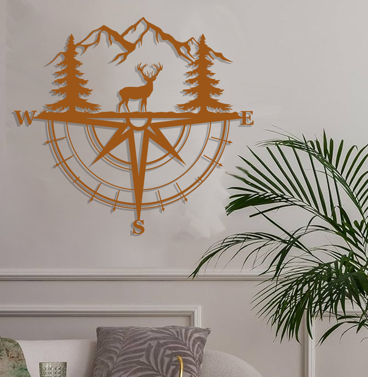 a living room with a plant and a compass on the wall