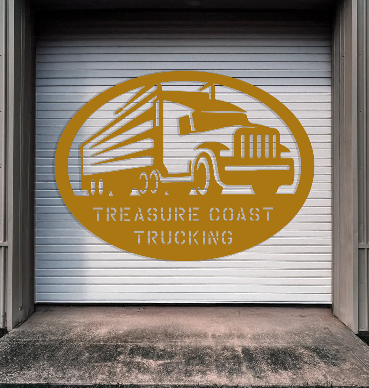 a yellow truck logo on a white garage door