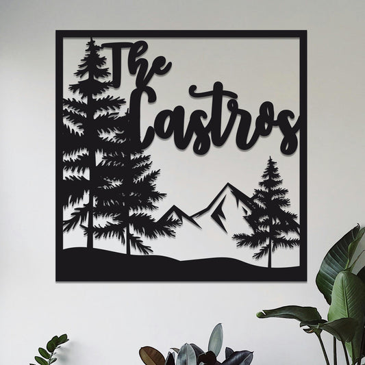 Square Mountain and Trees Family Name Sign
